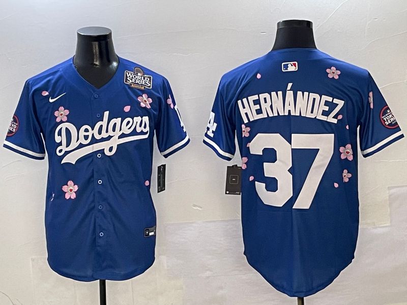 Men Los Angeles Dodgers 37 Hernandez Blue Sakura Edition 2025 Nike MLB Jersey style 6